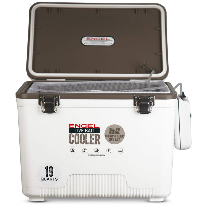 Engel 19qt Live Bait Cooler Box with 2nd Gen 2-Speed Aerator Pump - Portable Fishing Station & Minnow Bucket for Shrimp & Other Live Fish with Aerator - ENGLBC19-N-G in White - Image 4